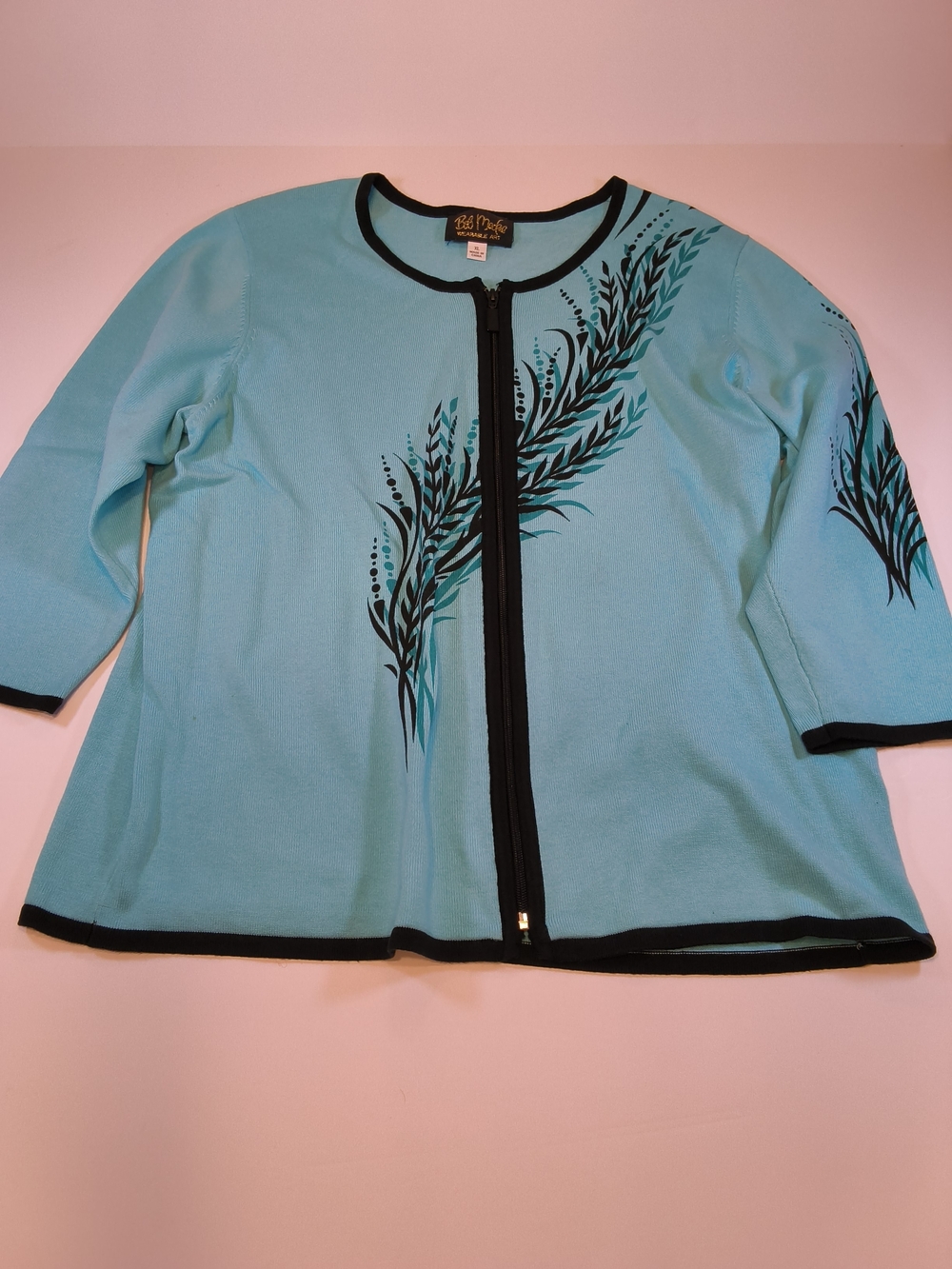 Bob Mackie Aqua Blue Knit Zip Cardigan with Black Trim and Leaf Motif XL